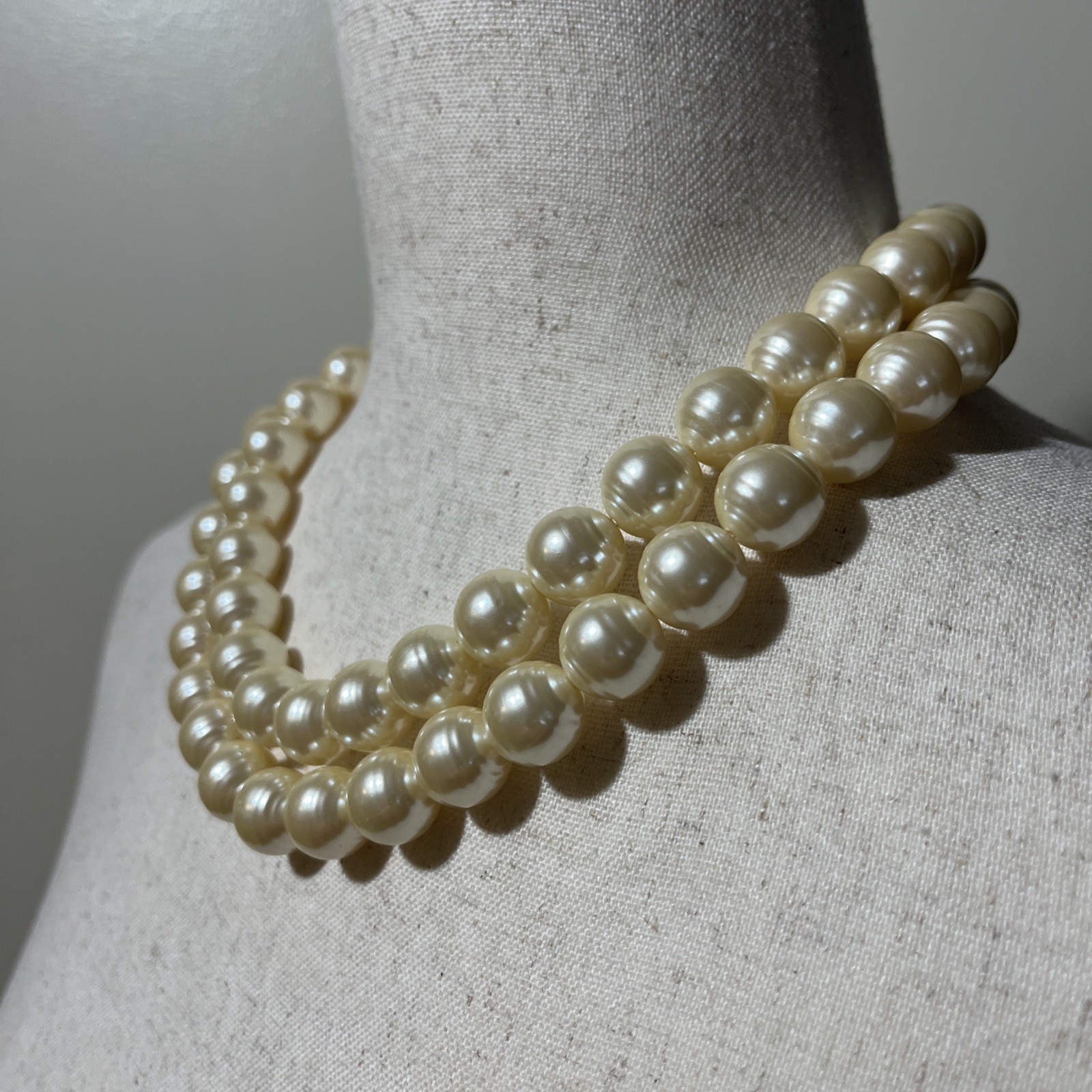 Vintage Champagne Cream Faux Ringed Pearl 2 Strand Necklace Large Pearls