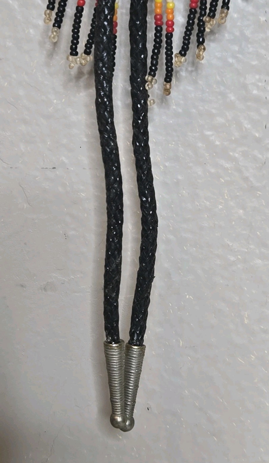 Native American Beaded Necklace Bolo Tie Black Yellow Red Orange Seed Beads 16″