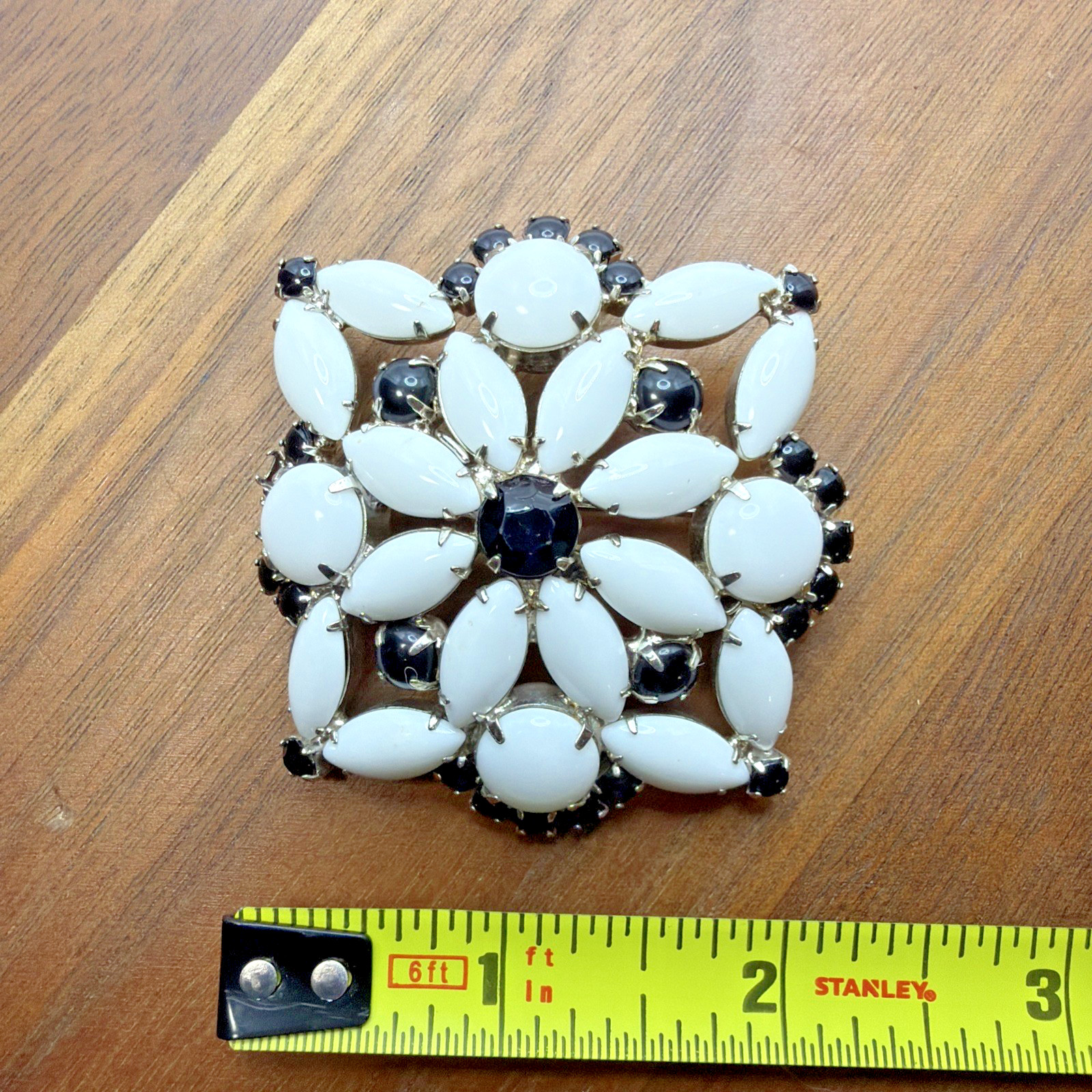 Vintage Brooch Milk Glass & Jet Black Rhinestones Silver Toned