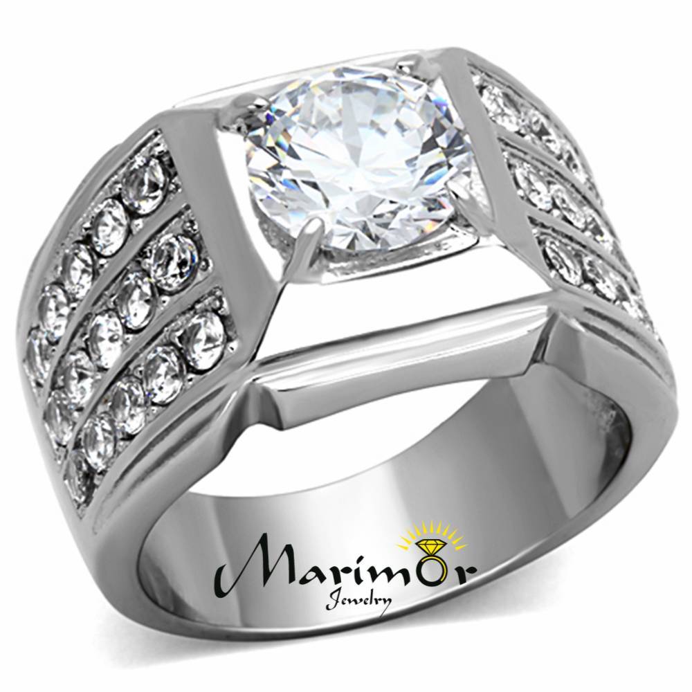 2.94 Ct Round Cut Cubic Zirconia Silver Stainless Steel Unisex Ring Sizes 5-13