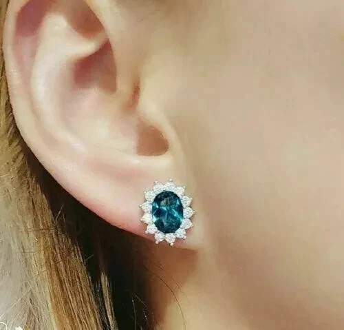 2.30Ct Oval Cut London Blue Topaz Halo Women’s Stud Earrings 14k White Gold Over