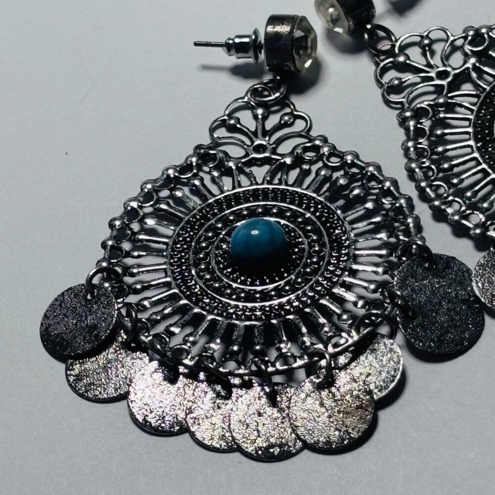 Boho Silver Tone Turquoise Medallion Drop Dangle Earrings