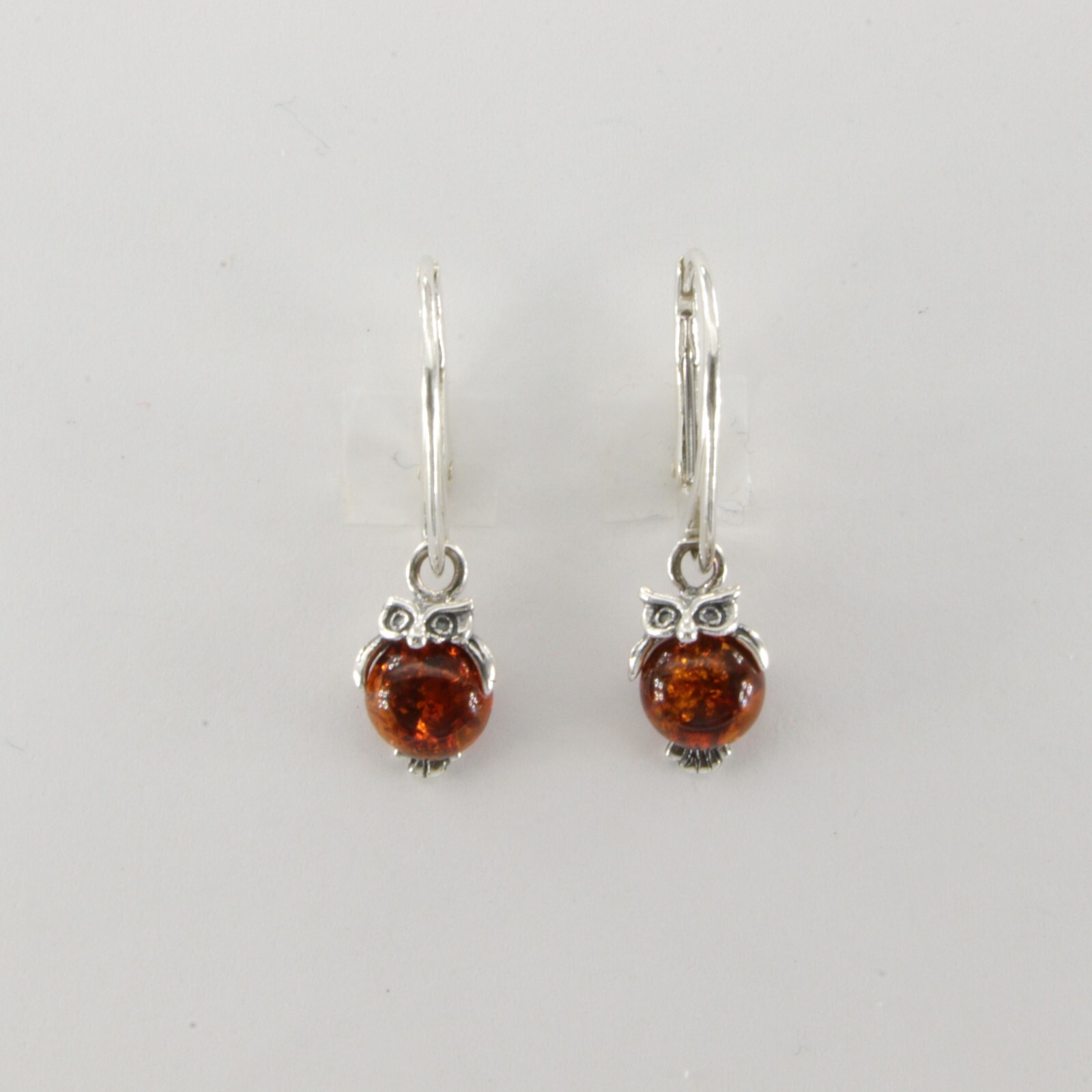Cognac / Brown BALTIC AMBER Owl Leveback Earrings 925 STERLING SILVER #5573e