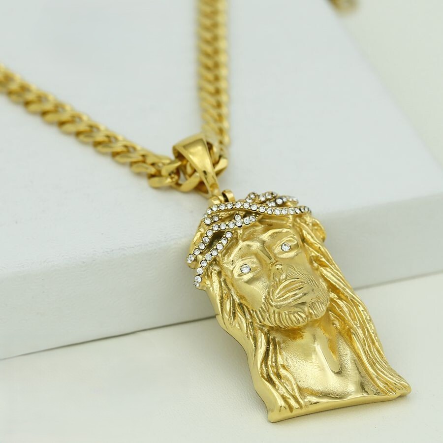 Men’s 24″ Stainless Steel JESUS Face Cubic Zirconia,Gold plated Cuban Chain*Box