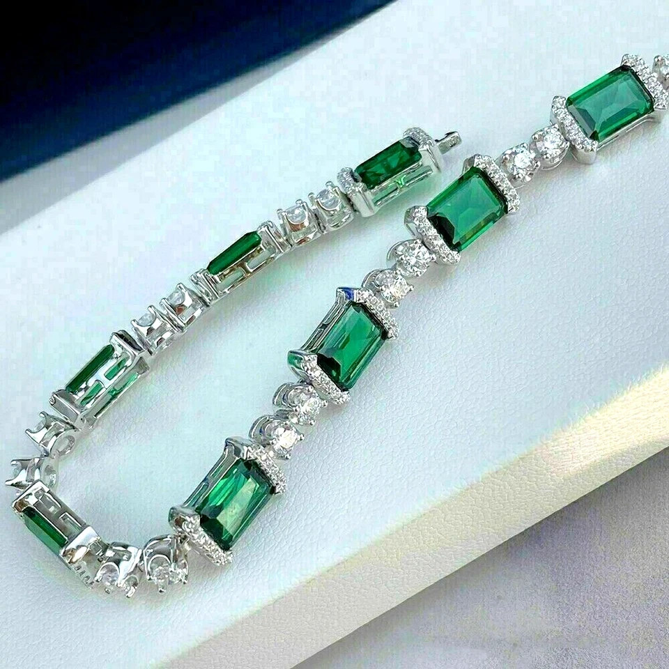 18Ct Green Emerald Lab Created Diamond Tennis Bracelet 14K White Gold Plated