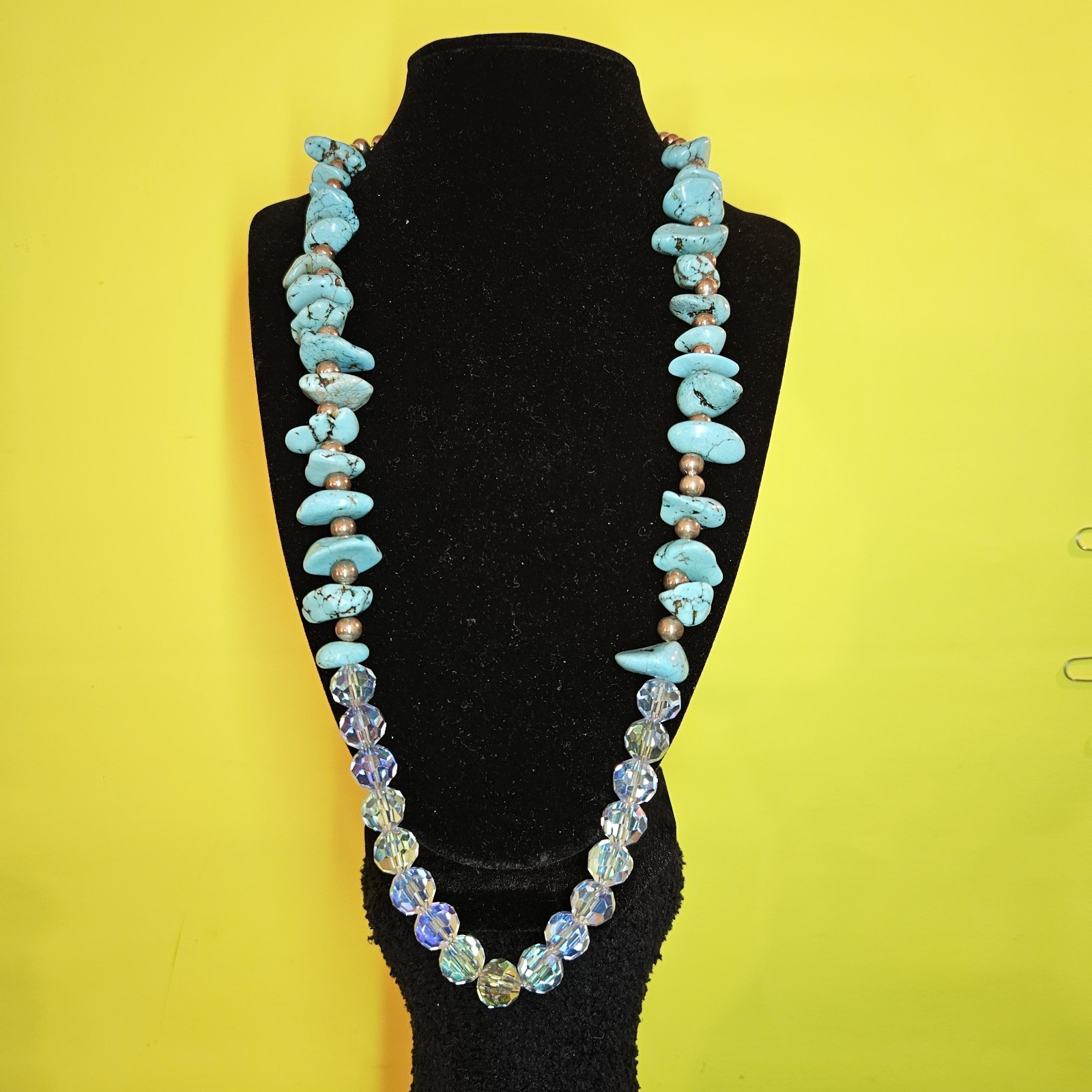 vintage beaded necklace with turquoise nuggets and glass clear iridescent beads