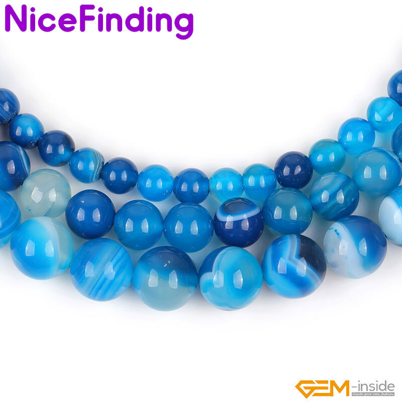 Natural Round Blue Smooth Sardonyx Agate Banded Beads For Jewelry Making 15”