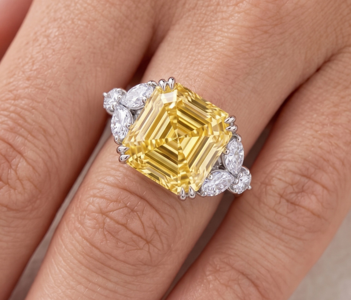 5.30 Ct Certified Asscher Cut Yellow Natural Diamond Ring VVS1 White Gold Finish