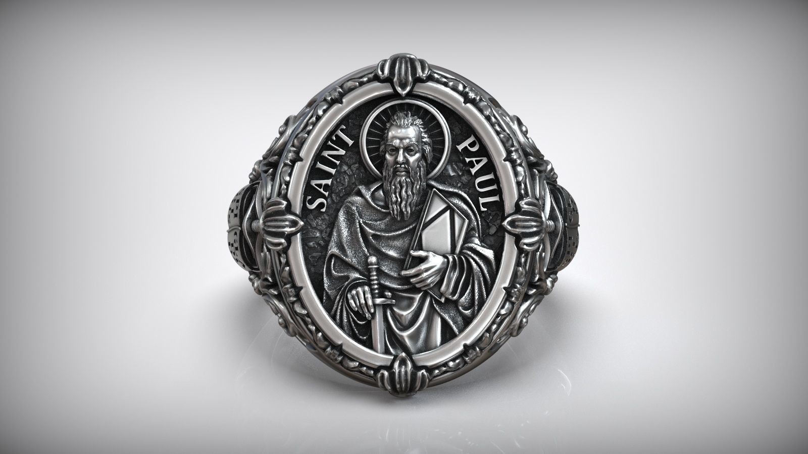 Mens Saint Paul Apostle Sword & Bible Symbol Christian 925Silver Statement Rings