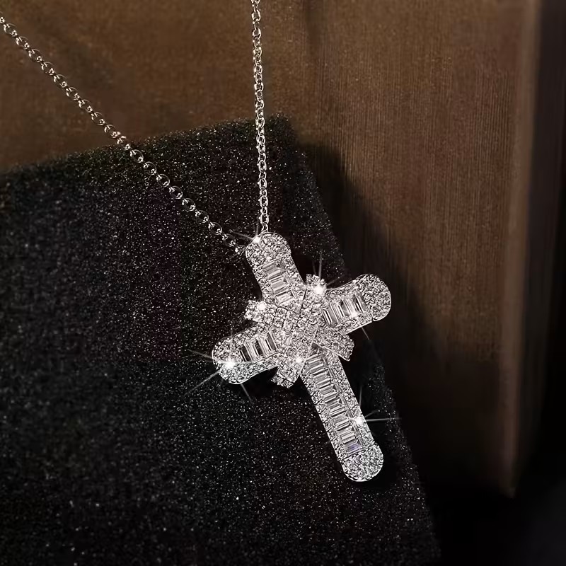 Elegant Baguette Cross Pendant Necklace for Women Silver Sparkling Crystal Gift
