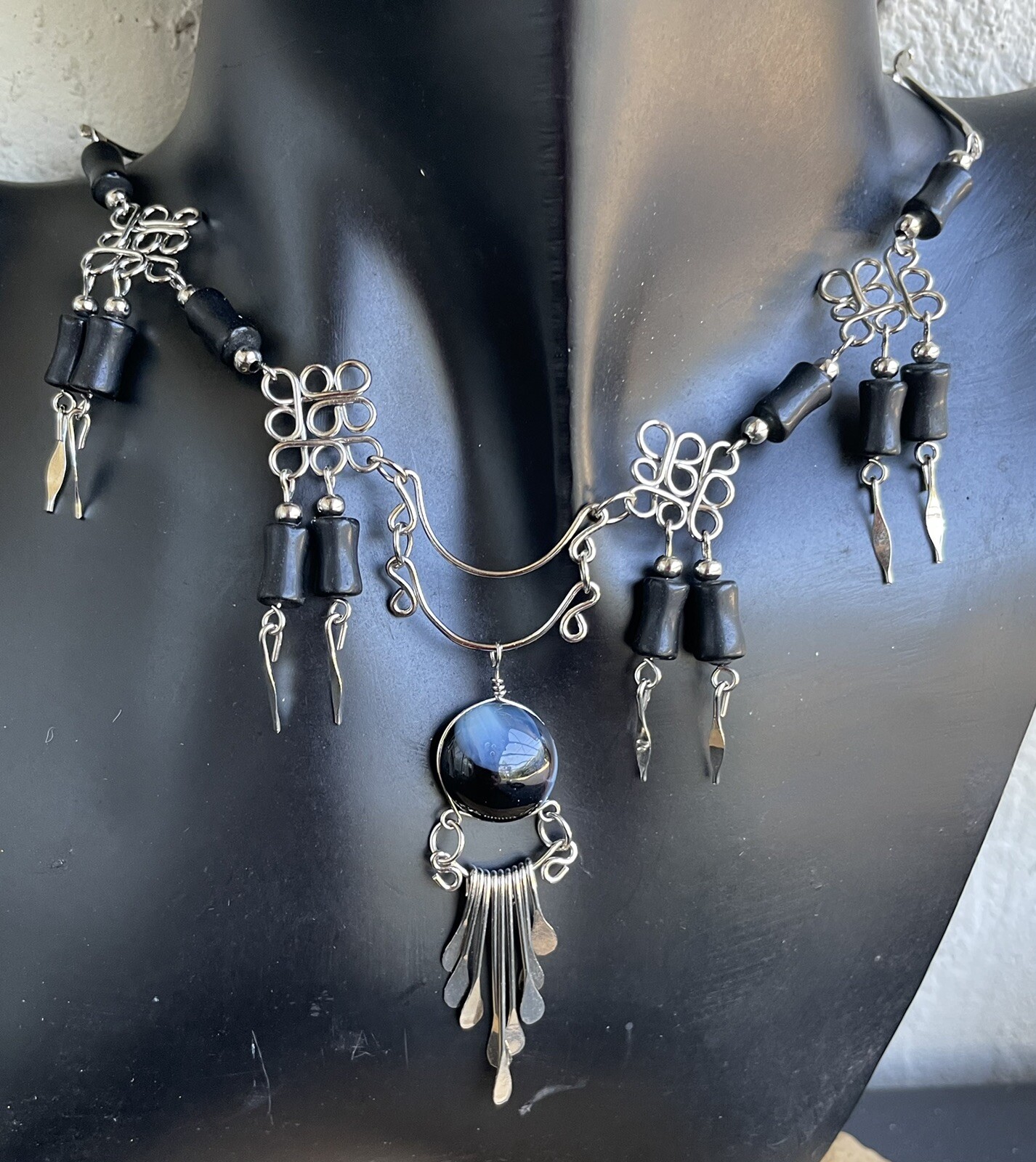 Peruvian Black White Swirl Glass Necklace Black Glass Earrings Set Hand-crafted