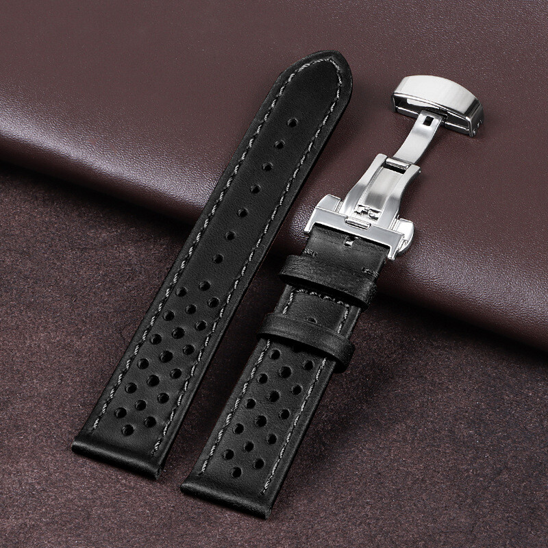 Premium Porous Breathable Leather Watch Band Strap Mens Butterfly Buckle 20 22mm