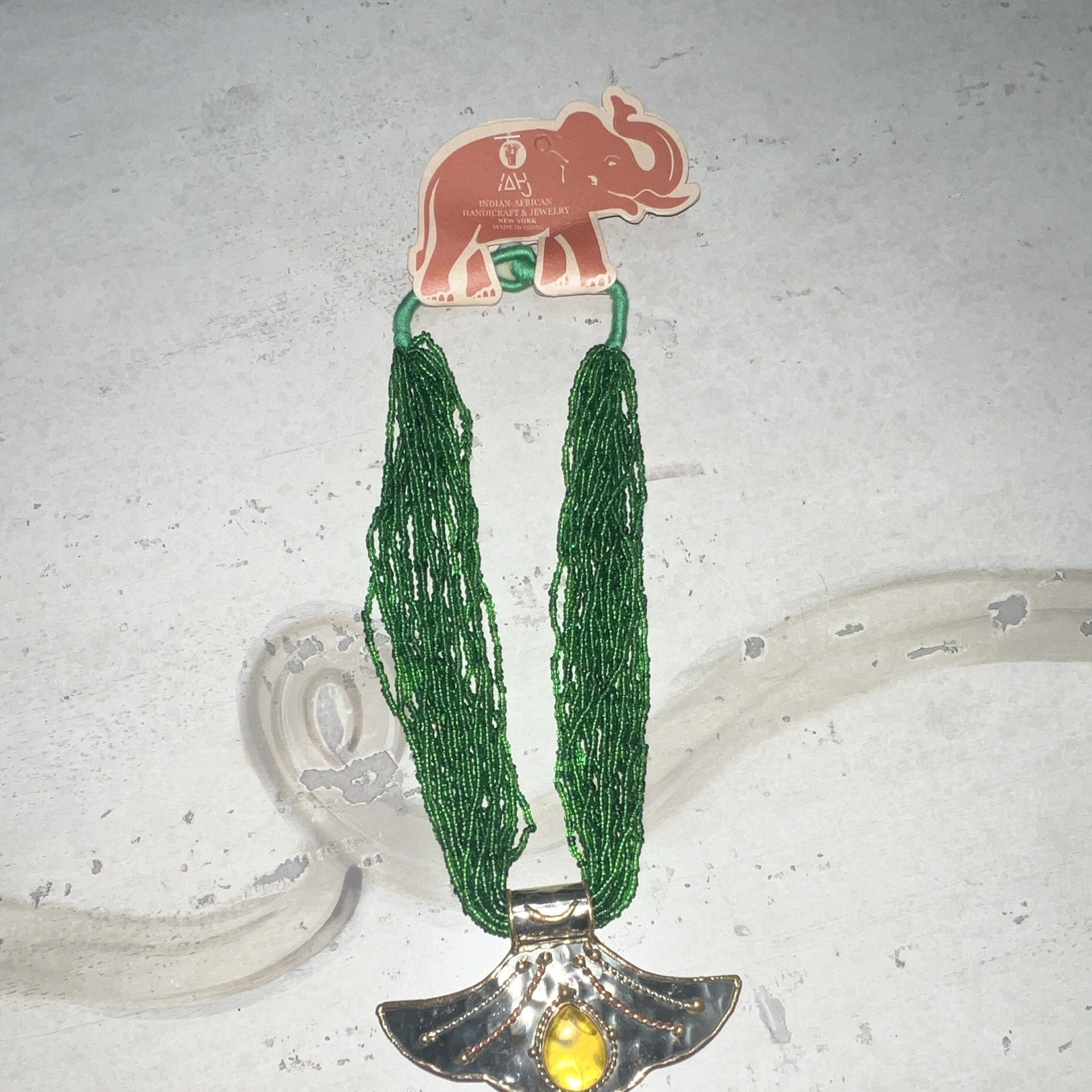 IAHJ Green Multi-Strand Glass Beaded Necklace w/ Metal Amulet Pendant