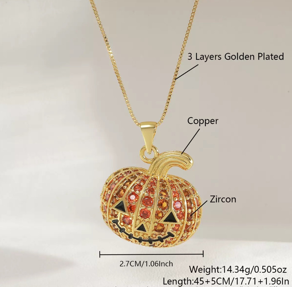 Halloween Pumpkin Pendant Necklace with Bag Chain Gold Plated Jewelry Gift