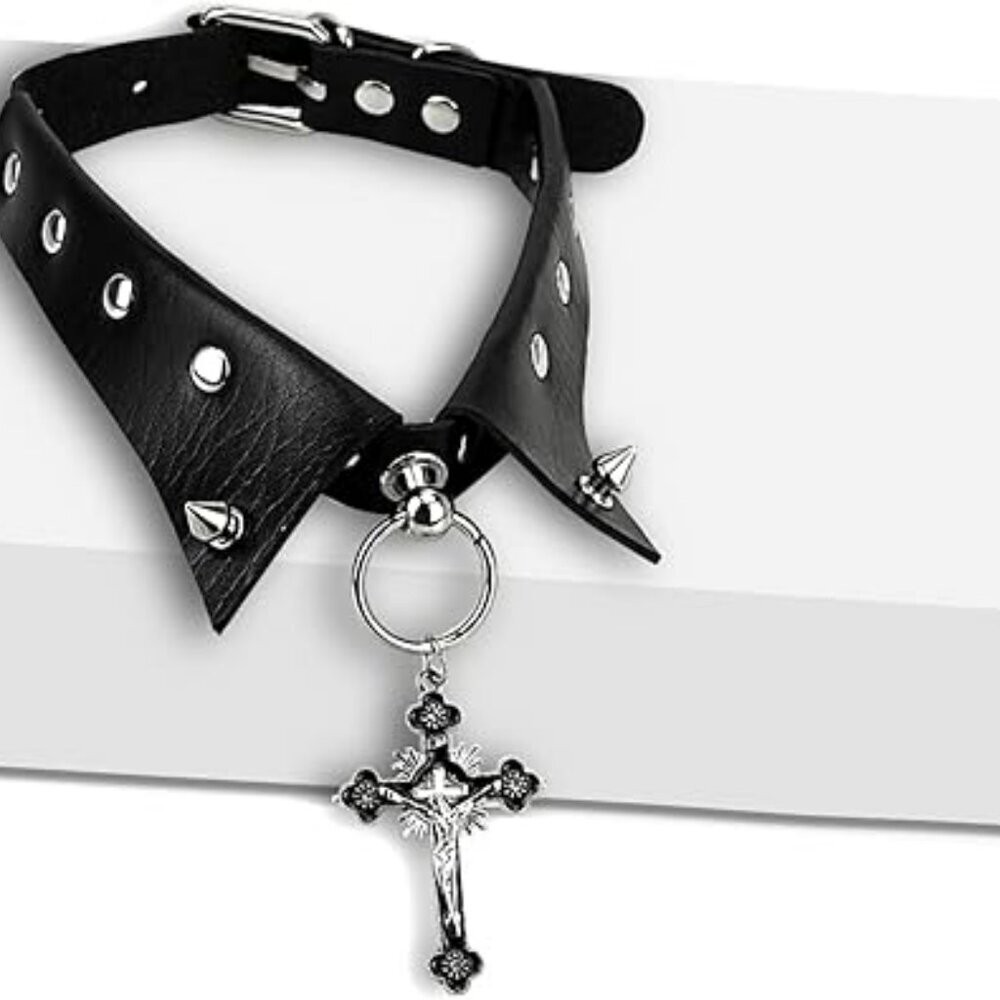 Black Gothic Leather Choker Necklace with Cross Pendant