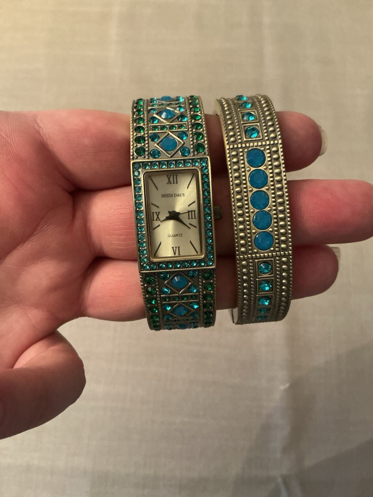 Heidi Daus Double Trouble Bangle Watch Bracelet Set Blue Green Crystals New
