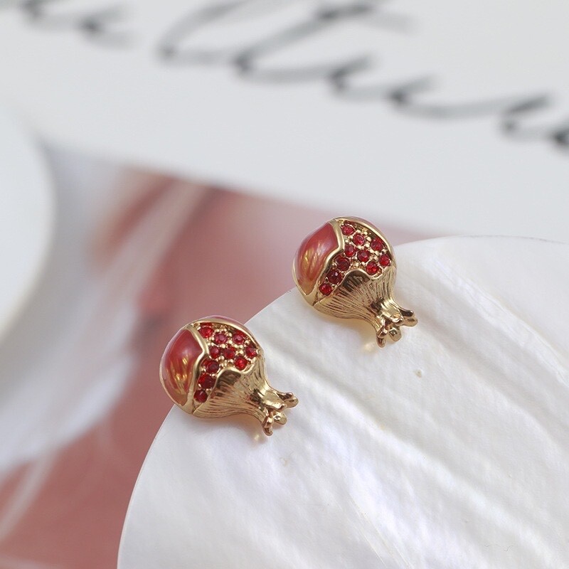 Enamel glaze red small pomegranate stud earrings.