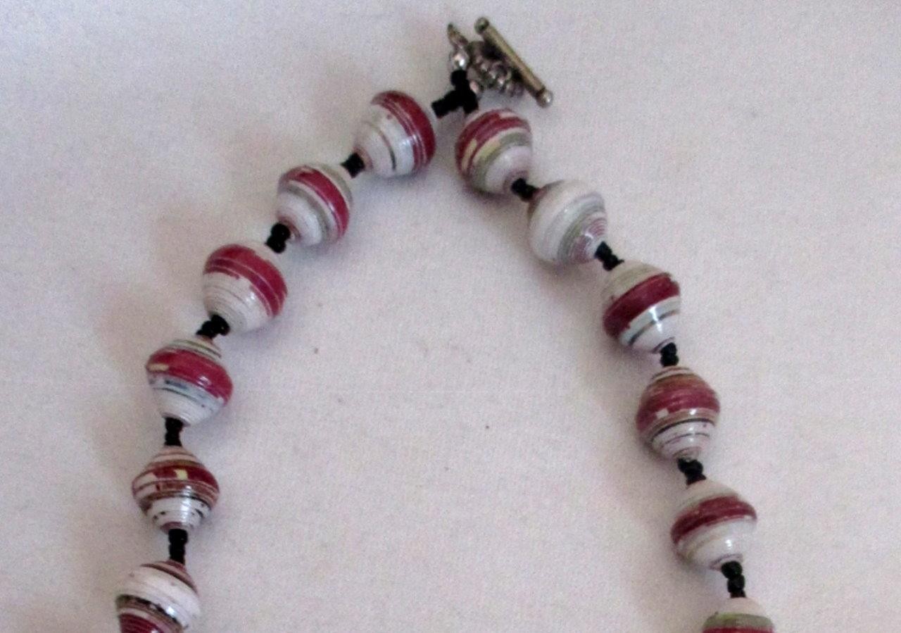 Recycled Paper Bead 17″ Necklace Wine White Mix Silver Tone Toggle Clasp