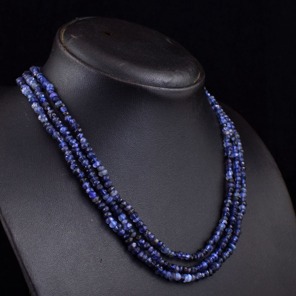 175 Cts Earth Mined 3 Strand Iolite Faceted Round Shape Beads Necklace SK 43E453