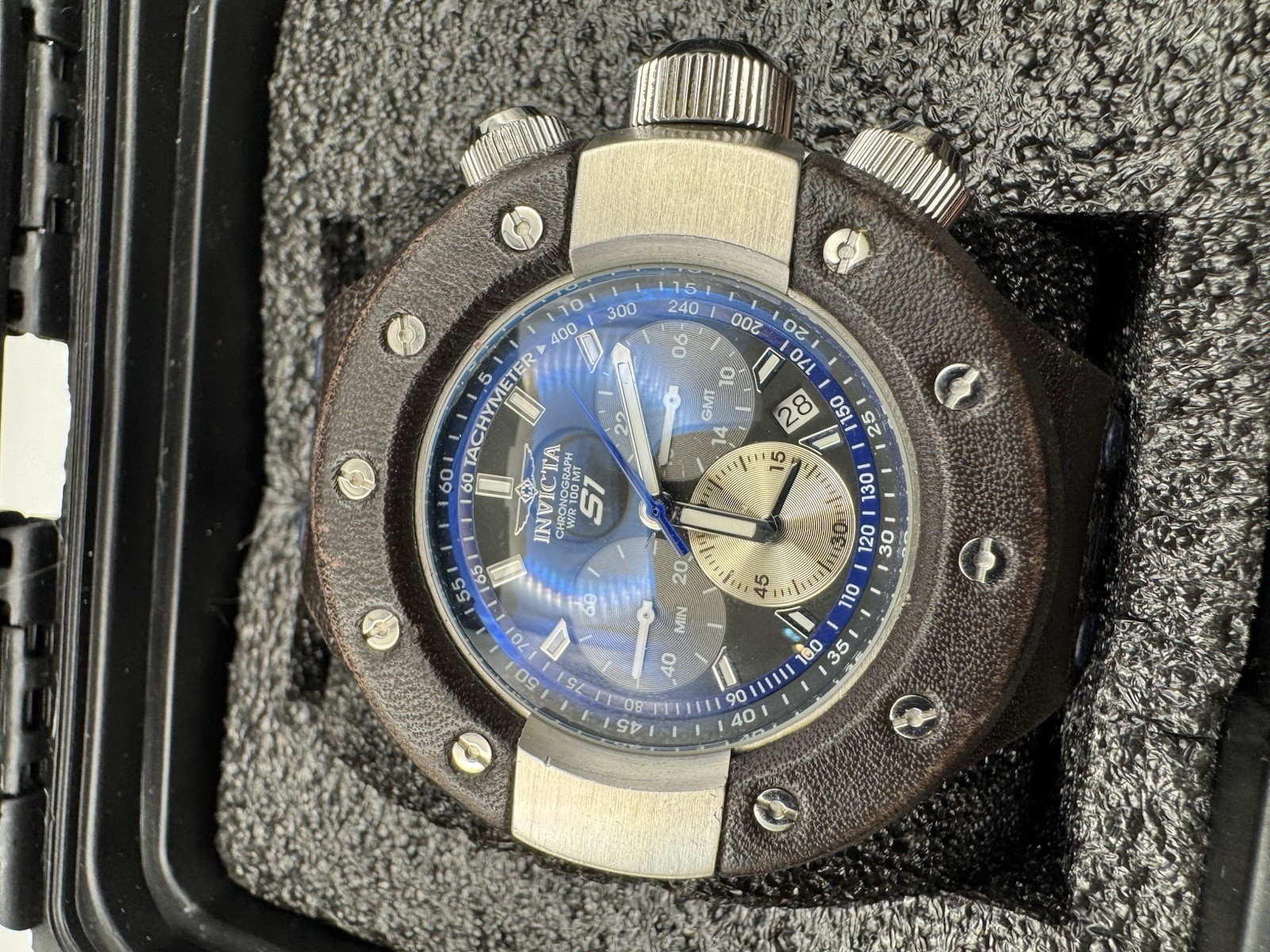 Invicta S1 Rally Chronograph Quartz 100m Blue Dial Date Steel Brown Leather