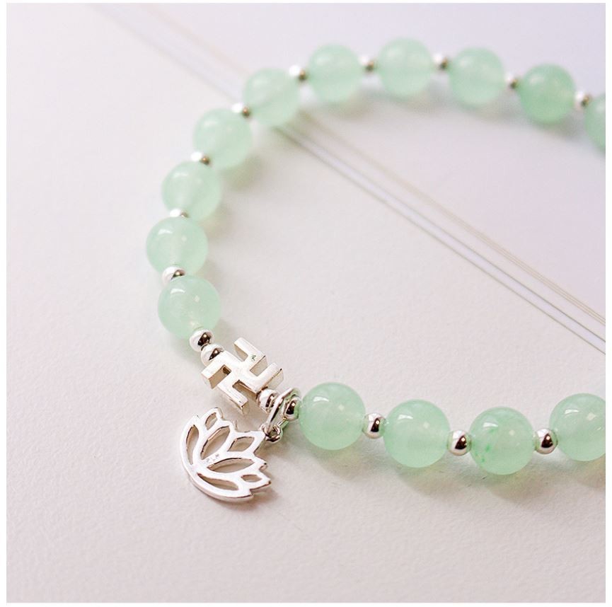 Natural White Jade Bracelet 6mm Mint Lotus Manji 925 Silver Zen Meditation Beads