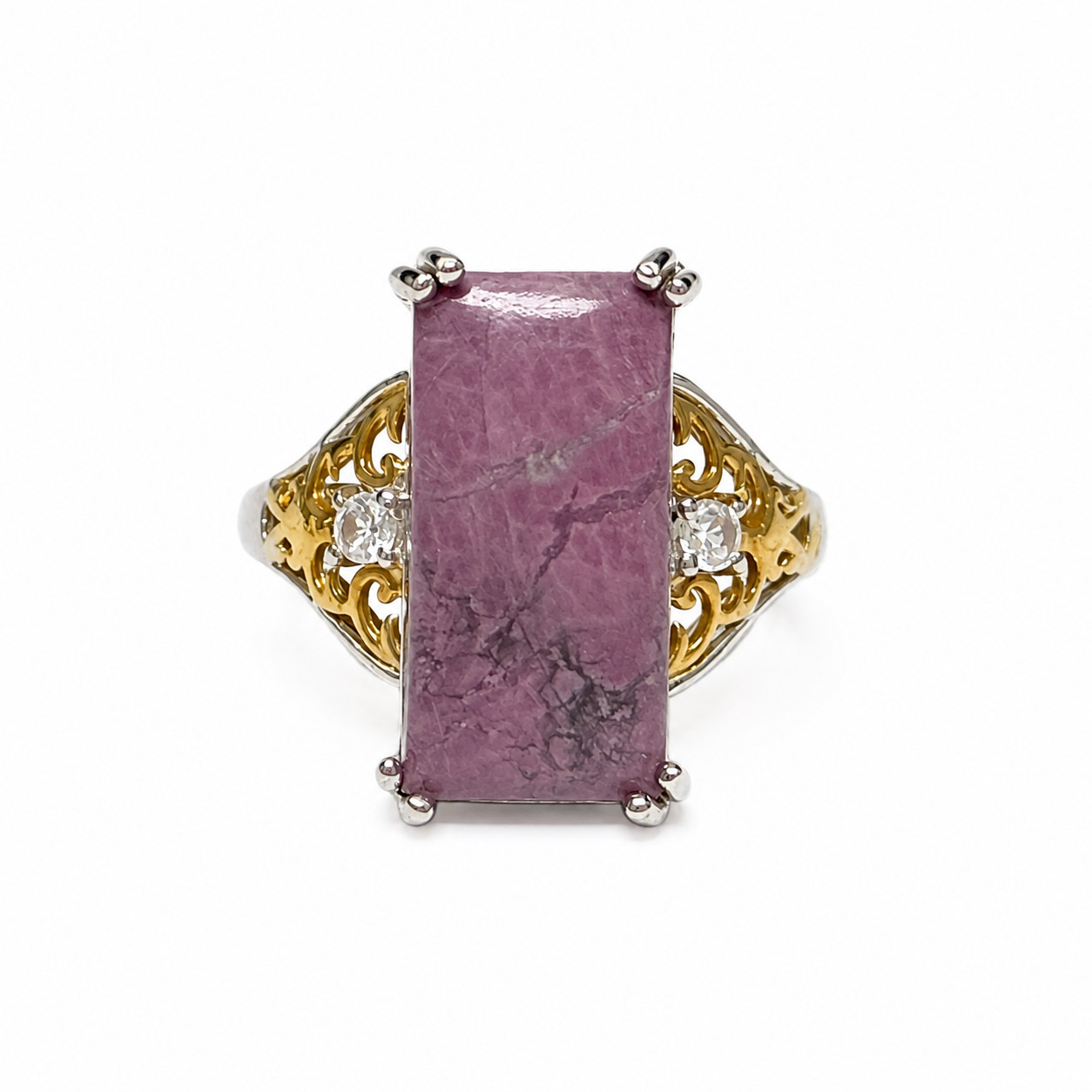 Statement Ring Pink Howlite White Topaz Ion Plated Gold Bonded Size 7 Rectangle
