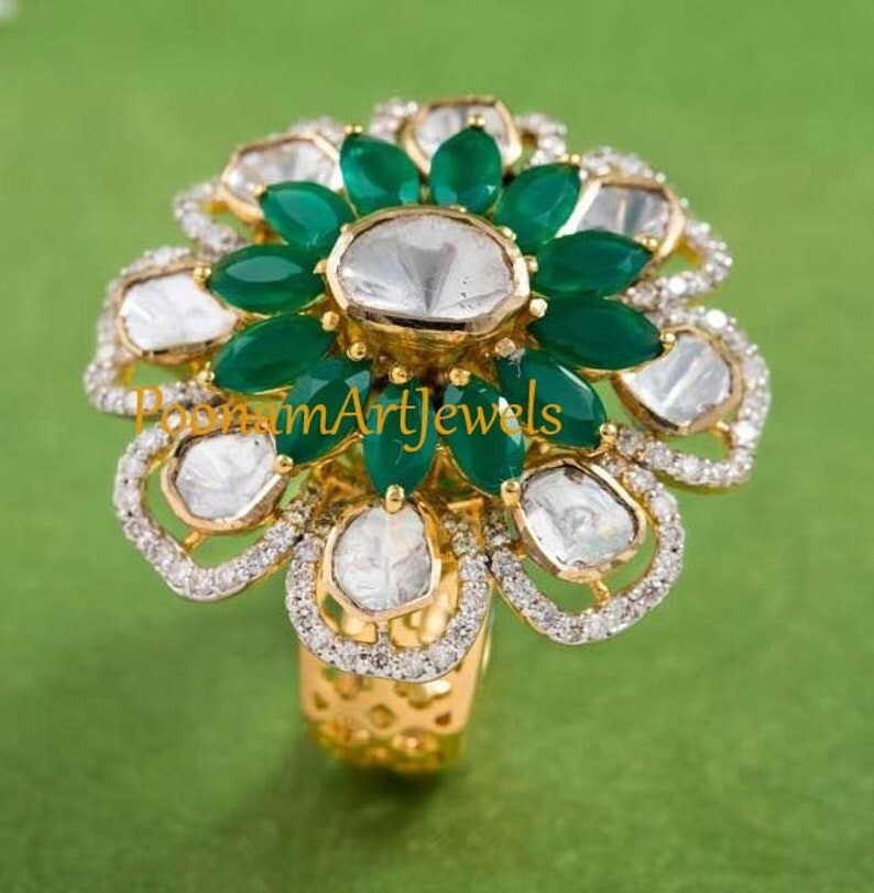 Natural Rose Cut Diamond Uncut Polki & Emerald Ring Solid 925 Sterling Silver