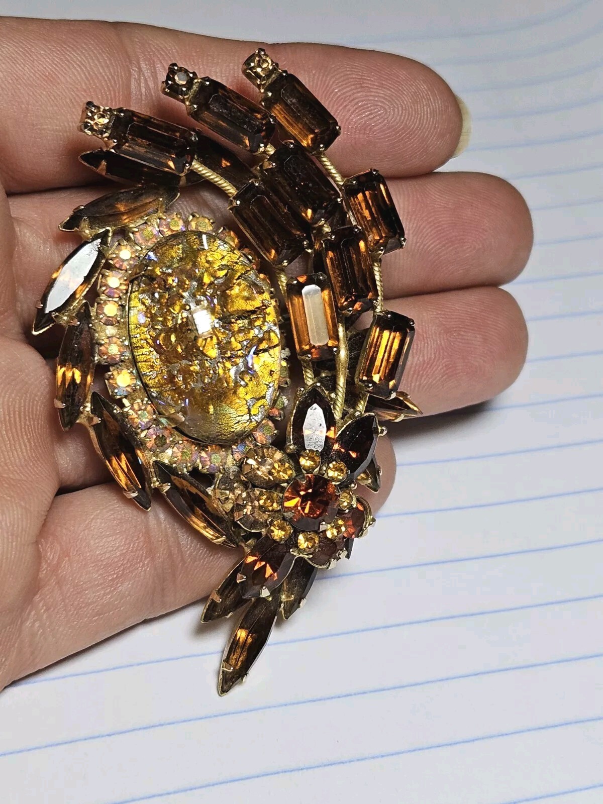 Juliana D&E Amber Rhinestone Easter Egg Brooch Navette Gold Brown Crackled Nest