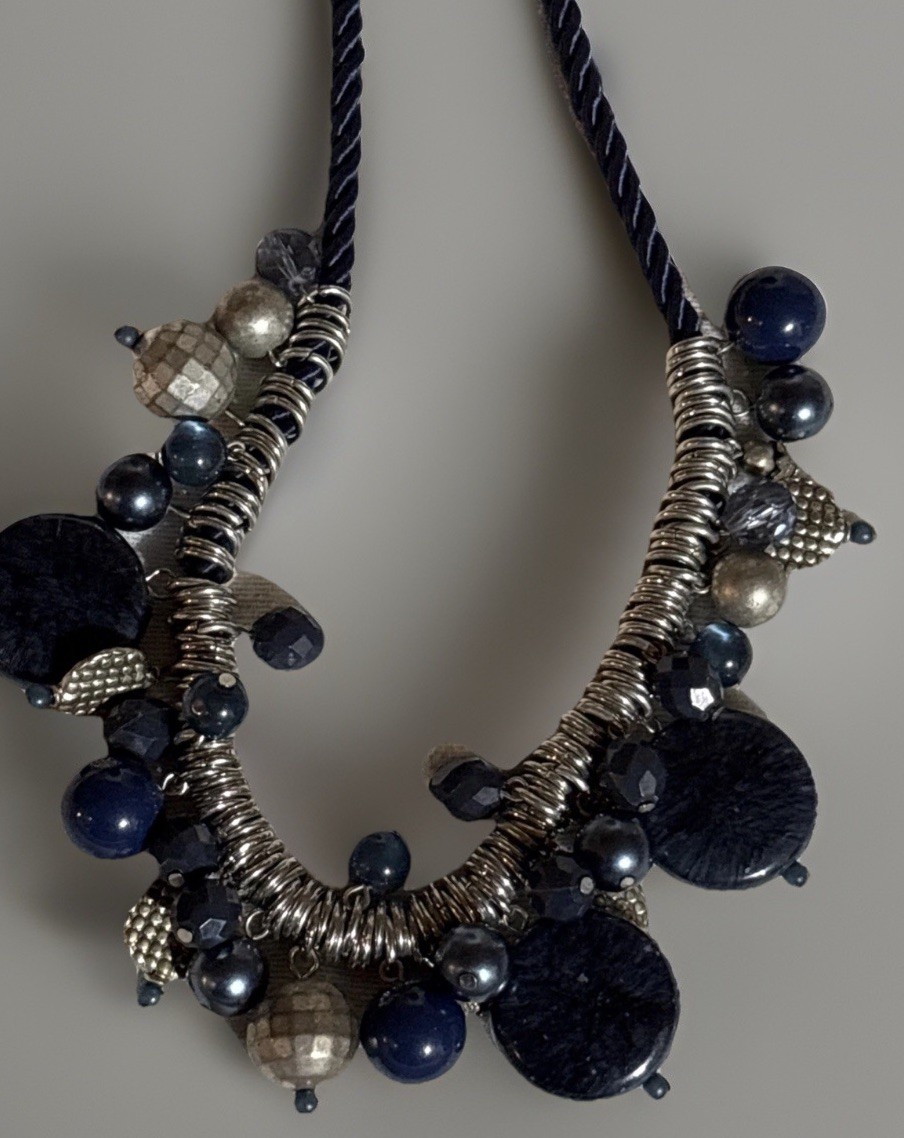 Chico’s Blue Silver Statement Necklace Mixed Beads Rope Cord Coil Accents Bold