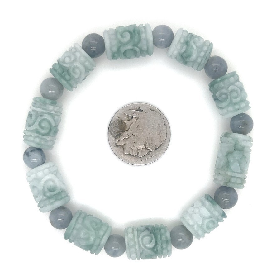 Green Hand Carved Jadeite Barrel Adjustable Bracelet Type A with 翡翠缅紫绿