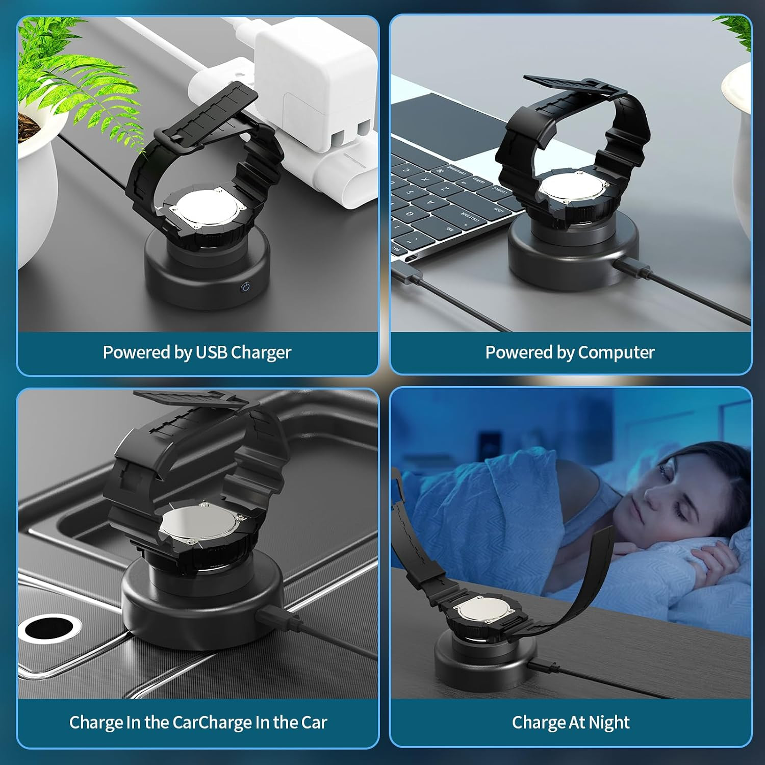 Solar Watch Charger, 8H Timing off with Men, Women & Square 3 Caps, LED UV Light