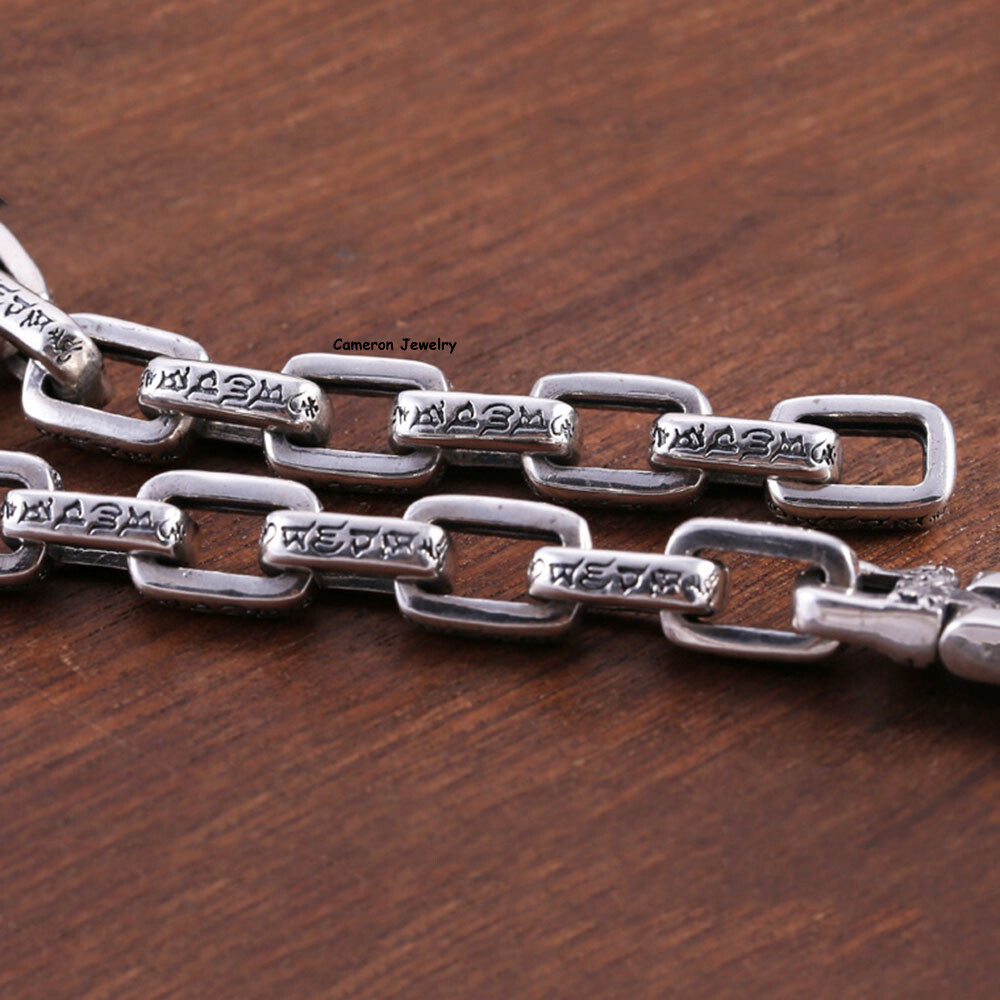 Solid S925 Sterling Silver Bracelet 8mm Six Words Cable O Link Chain 7.1-8.7in