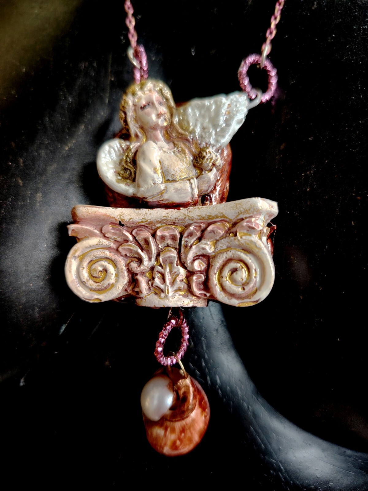 Necklace Winged Angel Cherub Talisman Baroque Pendant Amulet Shell Jewelry Charm