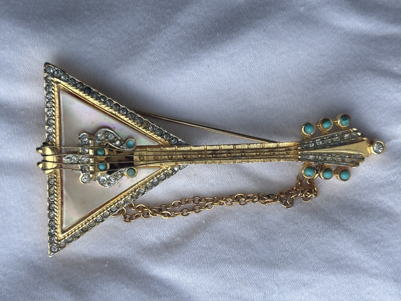 Vintage R Mandle Stamped Russian Balalaika Guitar Brooch Mother Of Pearl Pin MCM