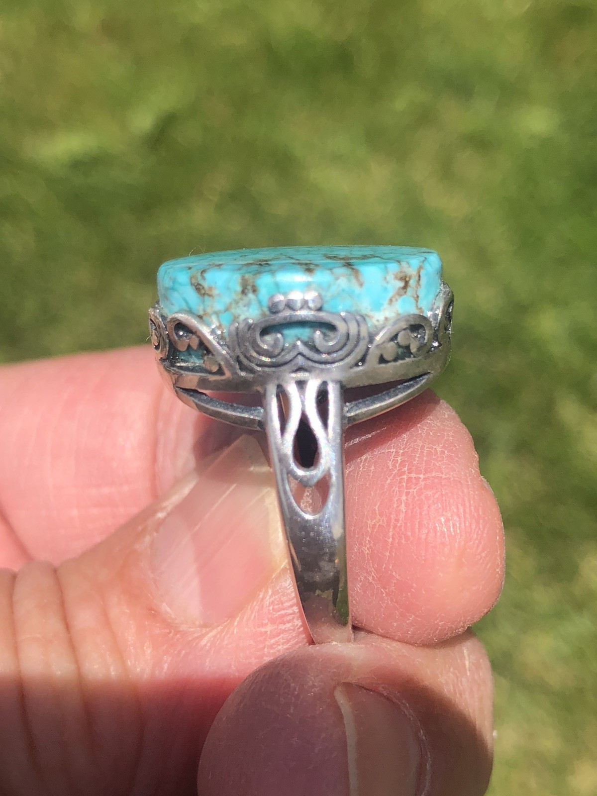 .925 Sterling Silver & Turquoise Handmade Ring 34 Carat GIE Cert. Adjustable