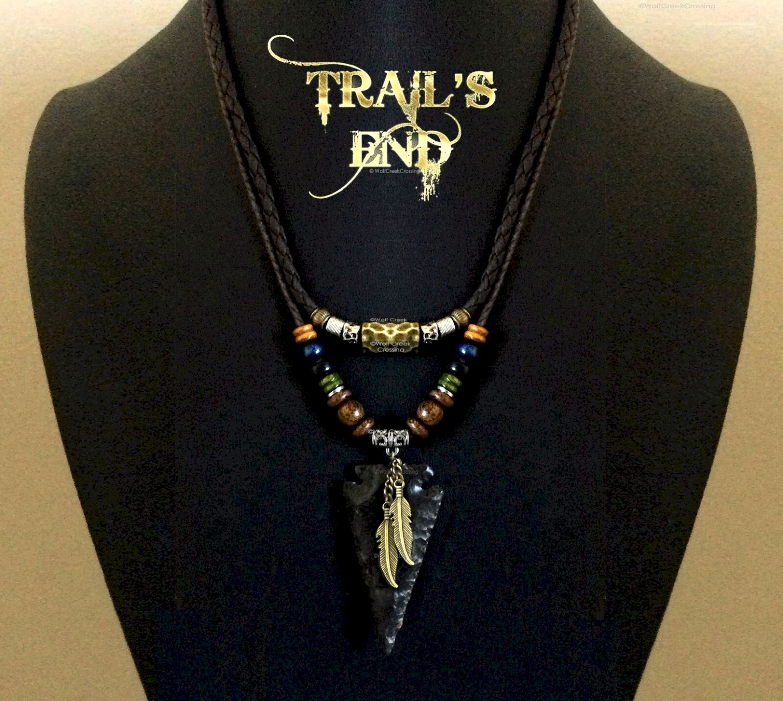 TRIBAL Bronze Feather STONE ARROWHEAD Adjustable 32″ Leather Necklace FREE Ship’