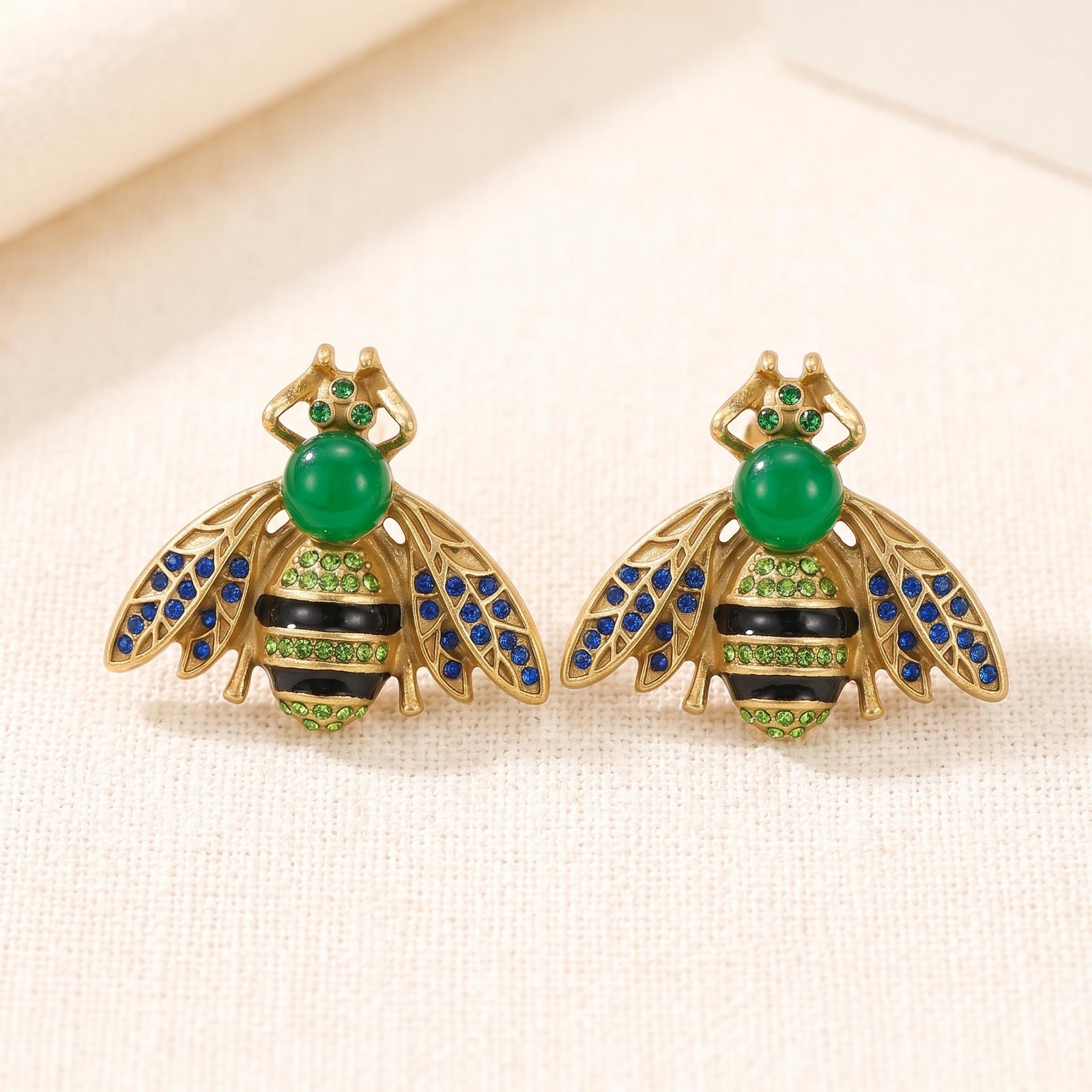 Antique Gold Bee Stud Earrings, Natural Stone Crystal Wings, Women’s Jewelry