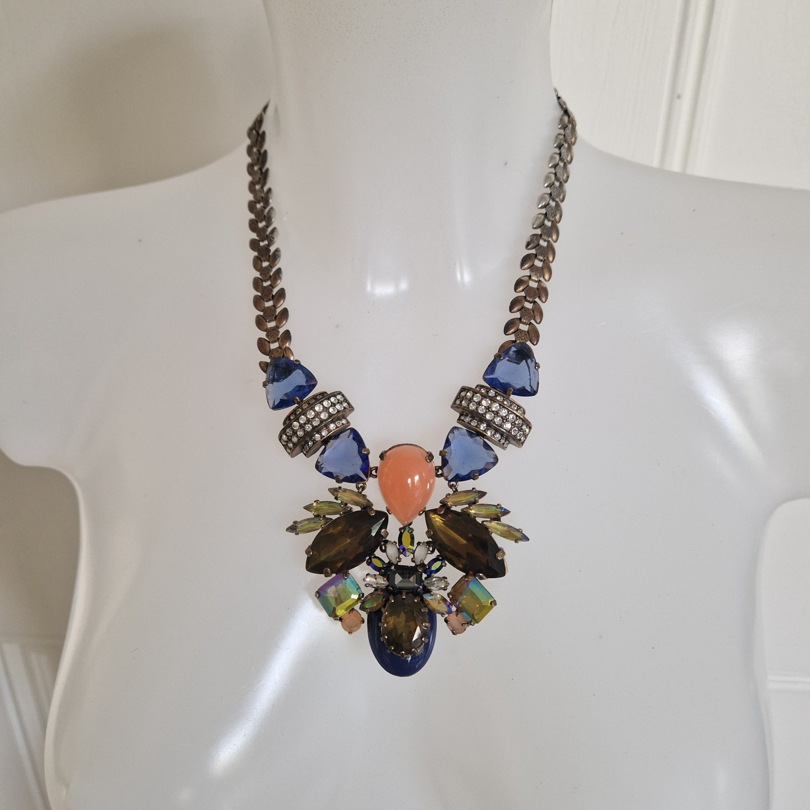 J.Crew Peach, Brown, and Royal Blue Jewel Rhinestone Statement Bib Necklace