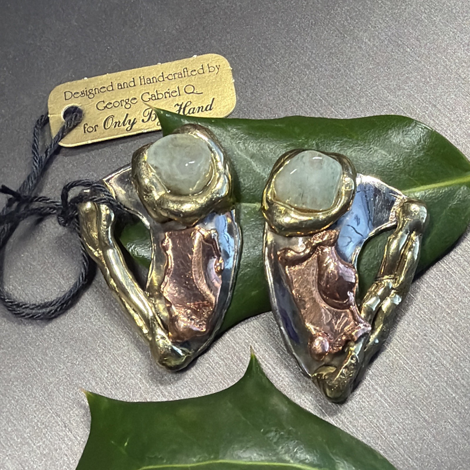 Vintage Modernist Earrings Signed George Gabriel Q Green Quartz Artisan Unique