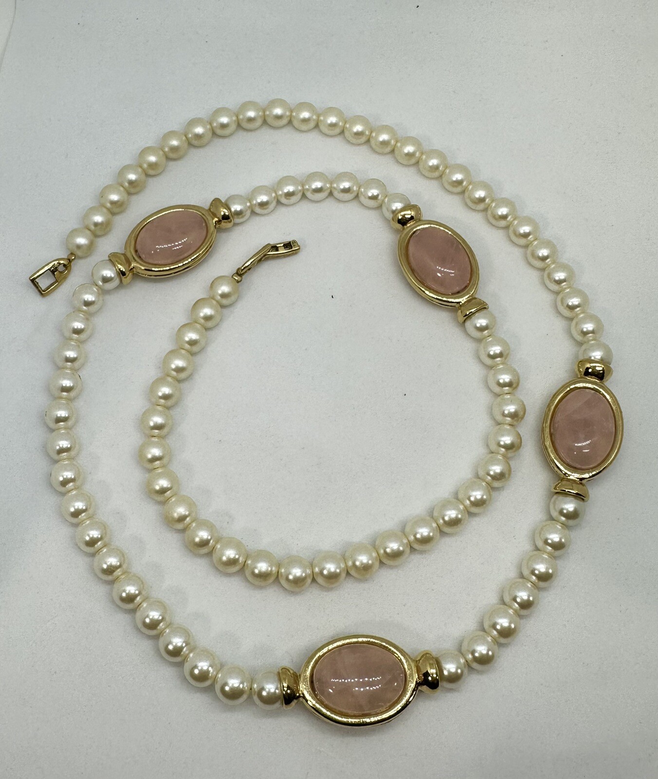 Vintage Napier ~ 8mm White Pearl Beads & Rose Quartz Station Necklace ~ 30in