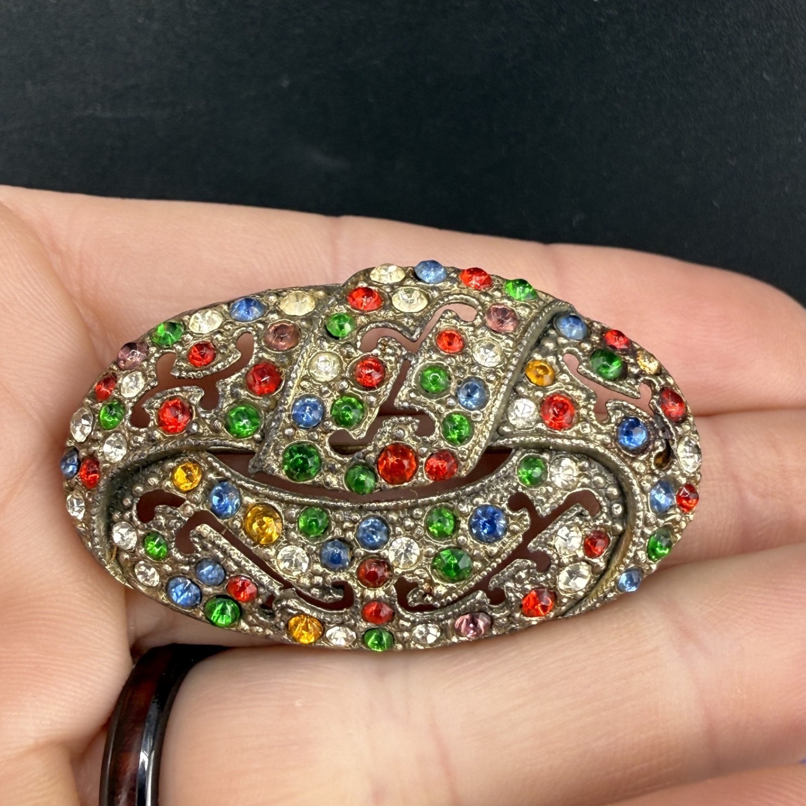 Vintage Art Deco Rhinestone Brooch Silver Tone