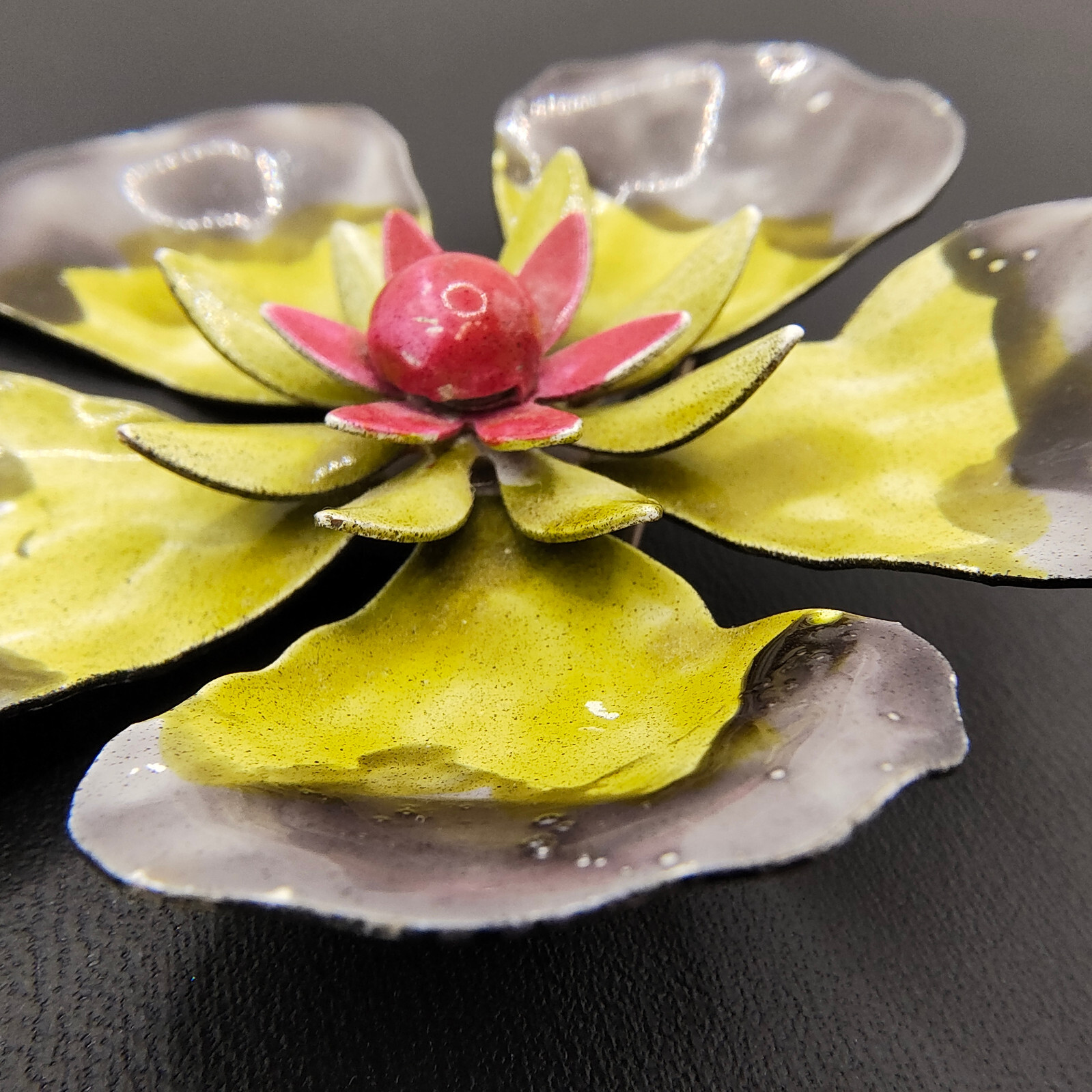 Vintage Hibiscus Flower Brooch Pin Enamel Black Gray Yellow Red 1960s-1970s MCM