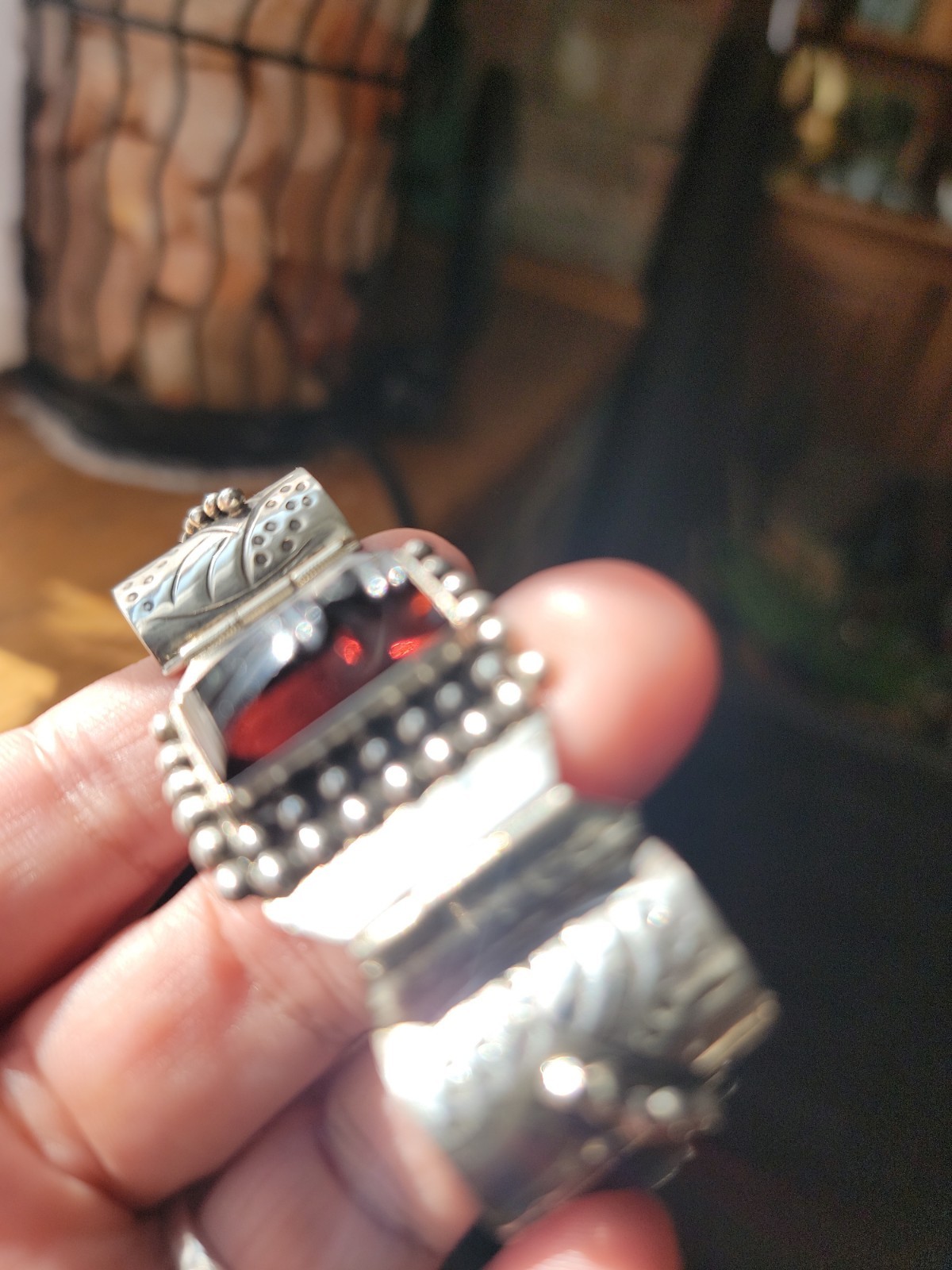 Vtg 9.25 Silver Hinged Taxco Mexico Braclet Aztec/Mayan Mahagony Obsidian