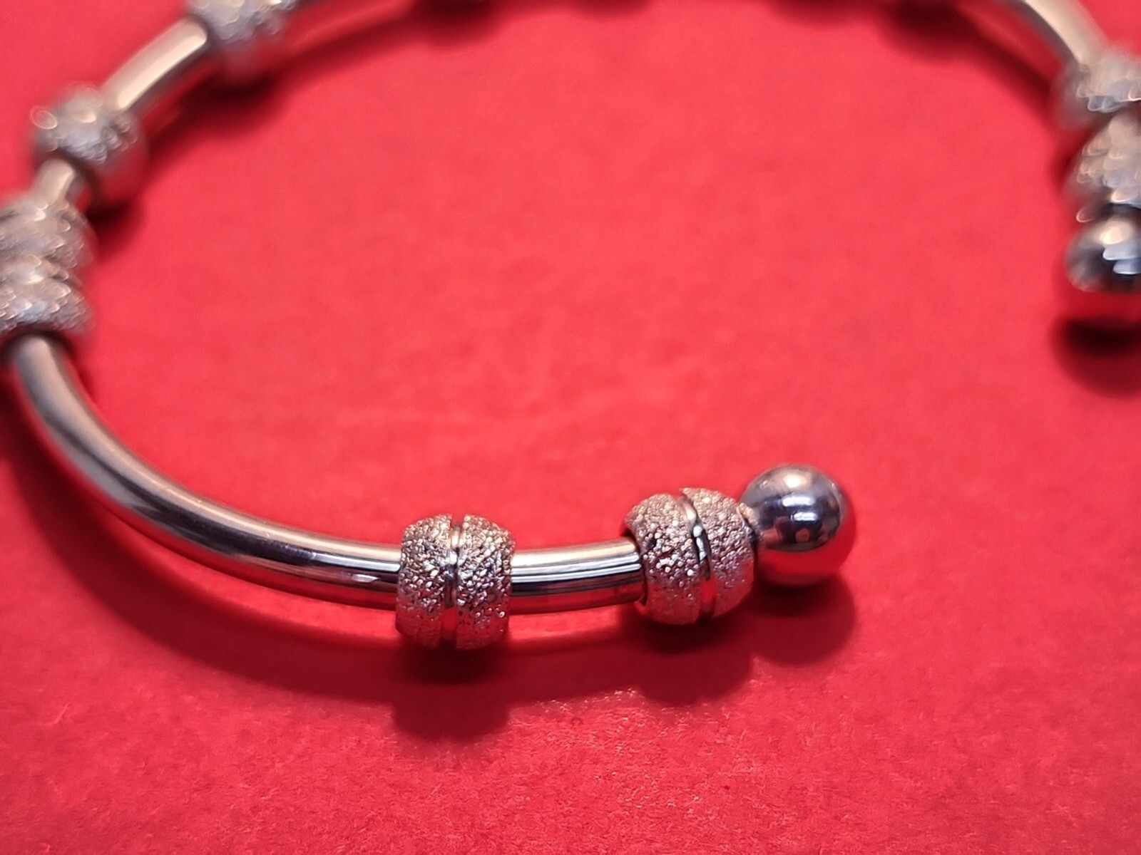 Vintage 925 Beaded Open Cuff Bangle Bracelet With Ribbon Charm 15.42 G