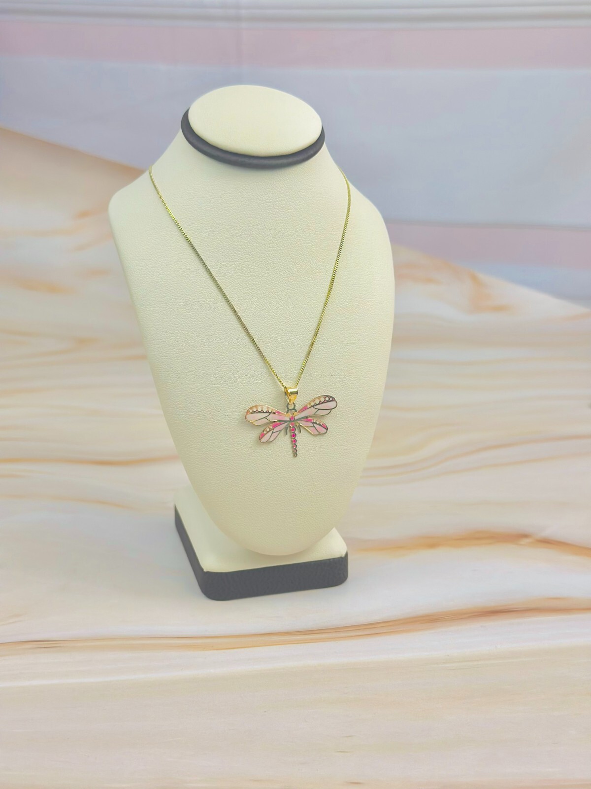 14K Solid Gold Pink Dragonfly Pendant Insect, Animal Necklace Hand-Painted Italy