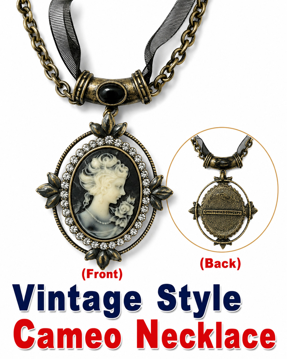 （Set of3）Black Pink Angel Lady Cameo Vintage Style Dangle Pendant Chain Necklace