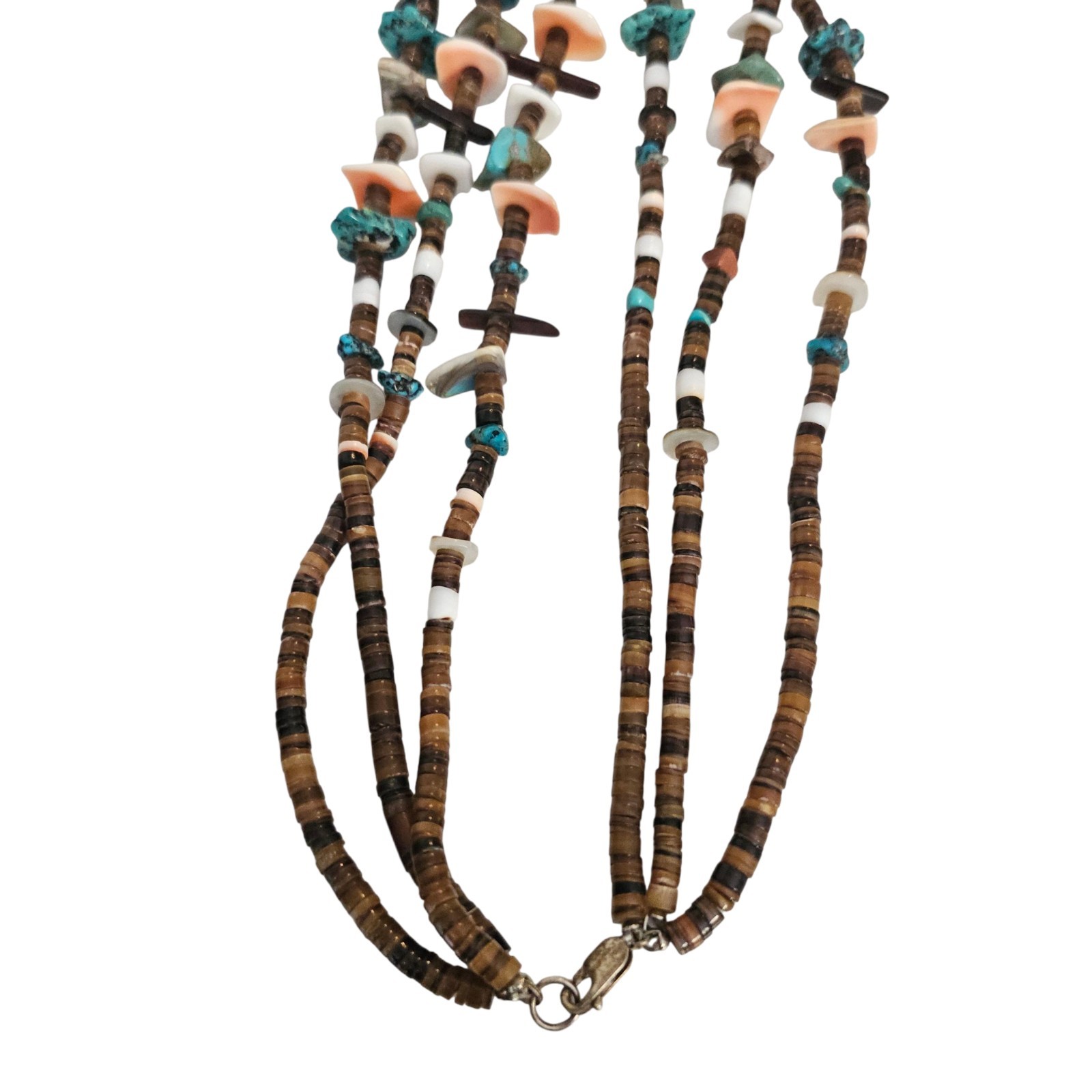 Santo Domingo Native American 3 strand Turquoise Shell Tab Necklace 32 In