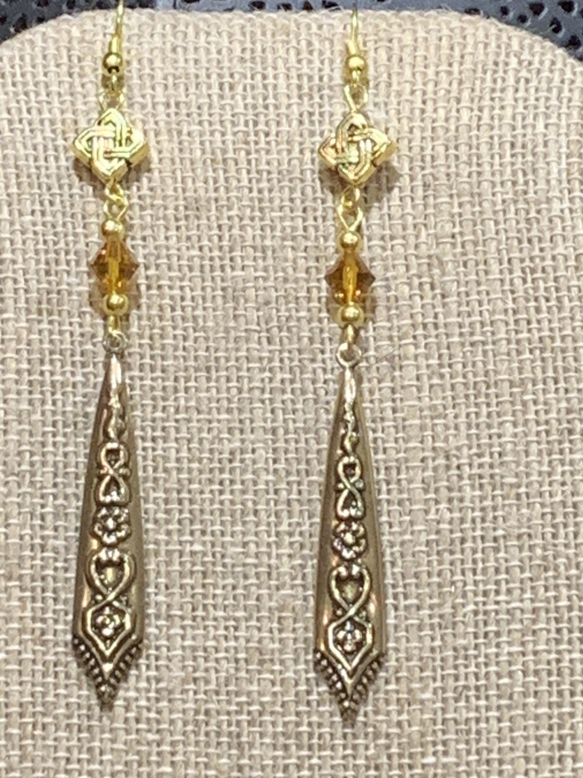 NEW ITEM* HANDCRAFTED VINTAGE EGYPTIAN REPOUSSE’ BRASS DROP & CRYSTAL EARRINGS
