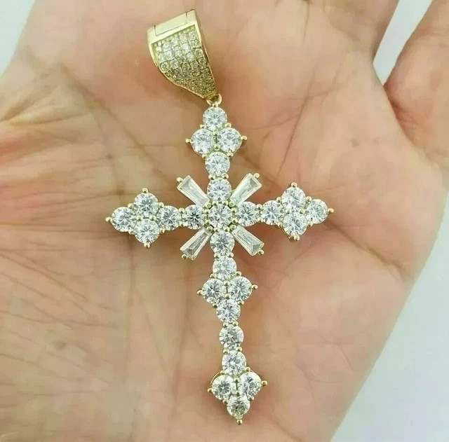 2.25Ct Baguette & Round Simulated Diamond Cross Pendant 14k Yellow Gold Plated