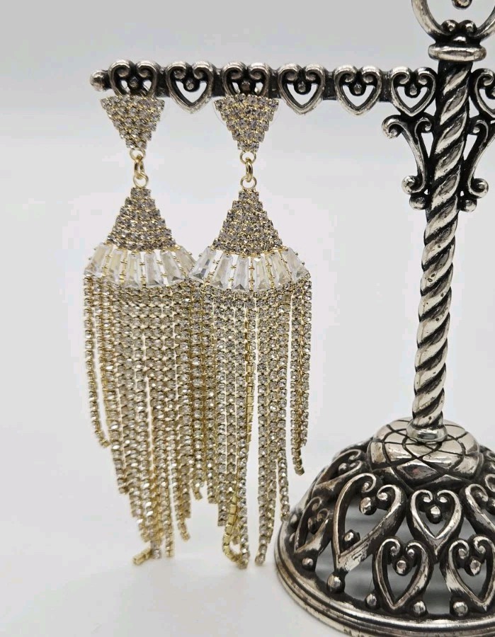 Crystal Chandelier Earrings Fringe Waterfall Dangle Gold Tone Pierced 3.75 in